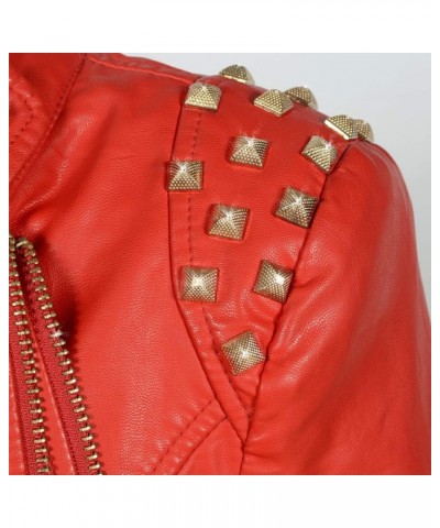 Women's classic fashion solid color dovetail rivet leather jacket punk personality coat Red $34.08 Coats