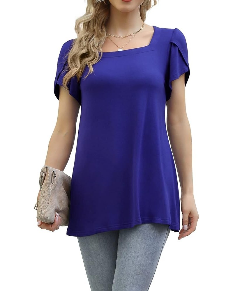 Women's 2023 Summer Casual Tunic Tops Petal Short Sleeve Square Neck Loose Fit T-Shirts Royal Blue $8.09 Tops