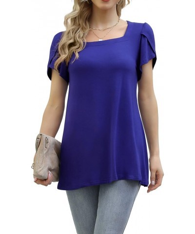 Women's 2023 Summer Casual Tunic Tops Petal Short Sleeve Square Neck Loose Fit T-Shirts Royal Blue $8.09 Tops