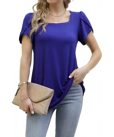 Women's 2023 Summer Casual Tunic Tops Petal Short Sleeve Square Neck Loose Fit T-Shirts Royal Blue $8.09 Tops