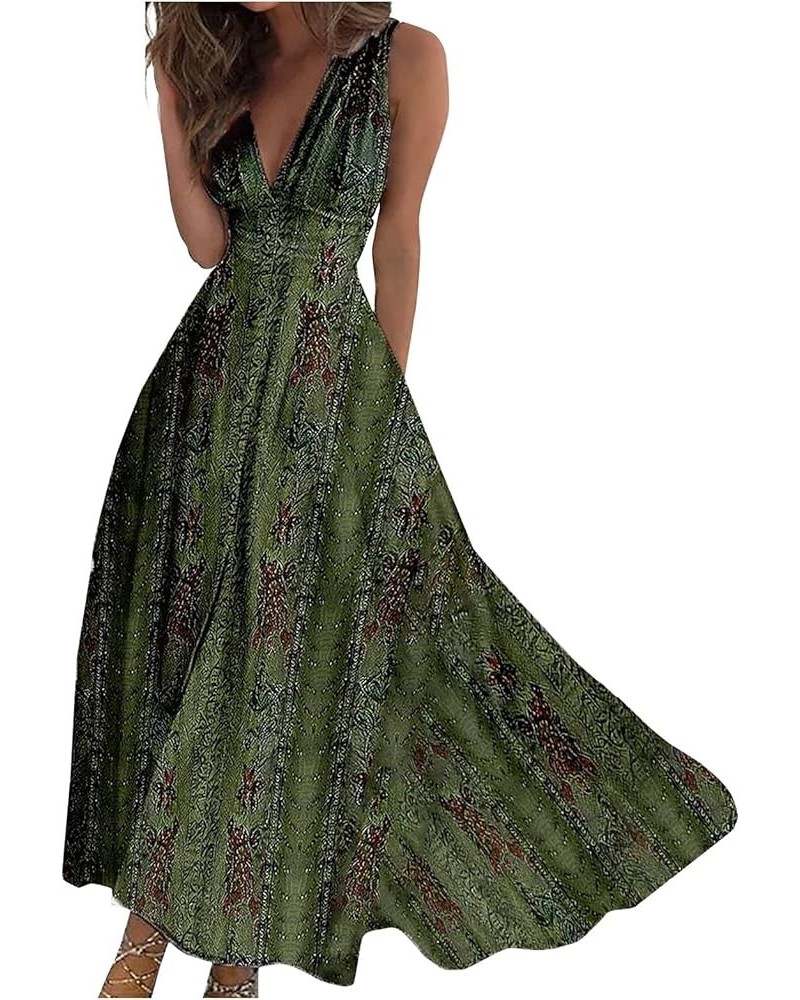 Women's V Neck Summer Dress Casual Sleeveless Swing Pleated Sundress Fashion Fit Floral Flowy Maxi Dress 01-army Green $15.02...