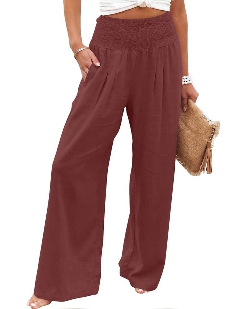 Linen Pants for Women High Waisted Wide Leg Pant Loose Fit Palazzo Pant Casual Summer Trousers Pockets Beach Joggers A08-wine...