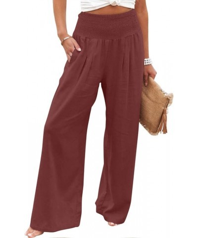 Linen Pants for Women High Waisted Wide Leg Pant Loose Fit Palazzo Pant Casual Summer Trousers Pockets Beach Joggers A08-wine...