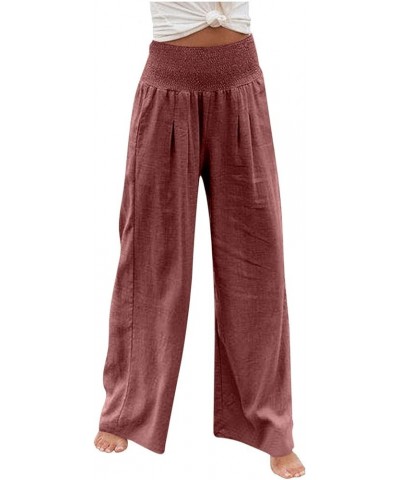 Linen Pants for Women High Waisted Wide Leg Pant Loose Fit Palazzo Pant Casual Summer Trousers Pockets Beach Joggers A08-wine...