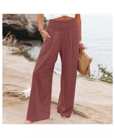 Linen Pants for Women High Waisted Wide Leg Pant Loose Fit Palazzo Pant Casual Summer Trousers Pockets Beach Joggers A08-wine...