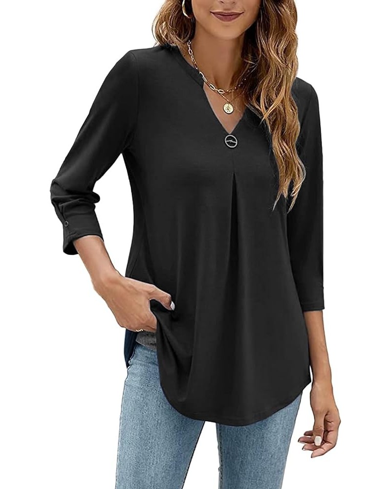 3/4 Sleeve Tunic Tops for Women Dressy Casual V Neck Shirts Loose Fit Business Blouses Trendy 2024 Summer Black $12.00 Tops