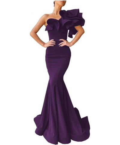 Women's Mermaid One Shoulder Ruffles Long Prom Dress Evening Gown Grape $37.40 Dresses