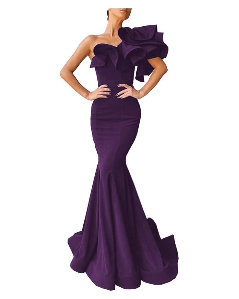 Women's Mermaid One Shoulder Ruffles Long Prom Dress Evening Gown Grape $37.40 Dresses