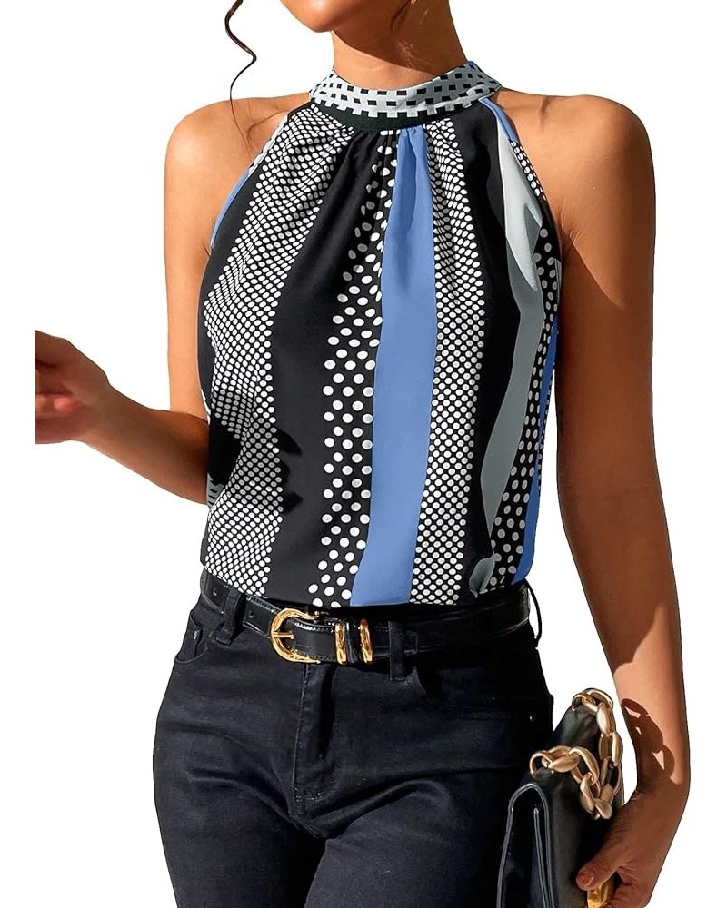 Women's Summer Halter Tops Keyhole Polka Dots Blouses Striped Tank Top Casual Sleeveless Shirts Blue Black Multi $10.19 Tanks