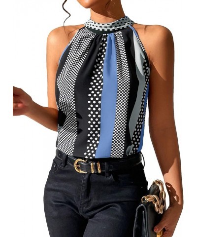 Women's Summer Halter Tops Keyhole Polka Dots Blouses Striped Tank Top Casual Sleeveless Shirts Blue Black Multi $10.19 Tanks