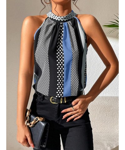 Women's Summer Halter Tops Keyhole Polka Dots Blouses Striped Tank Top Casual Sleeveless Shirts Blue Black Multi $10.19 Tanks