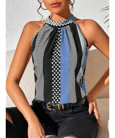 Women's Summer Halter Tops Keyhole Polka Dots Blouses Striped Tank Top Casual Sleeveless Shirts Blue Black Multi $10.19 Tanks