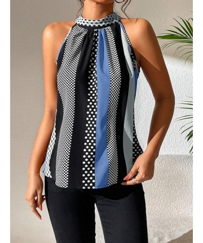 Women's Summer Halter Tops Keyhole Polka Dots Blouses Striped Tank Top Casual Sleeveless Shirts Blue Black Multi $10.19 Tanks