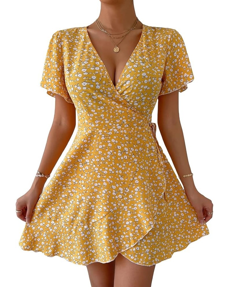 Women's Floral Print Wrap V Neck Short Sleeve Tie Side Ruffle A Line Summer Short Dress Yellow $9.53 Dresses