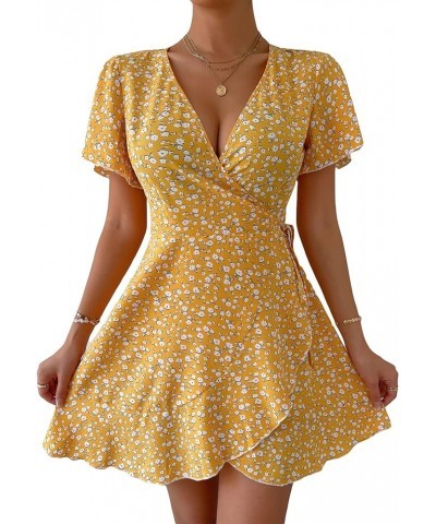 Women's Floral Print Wrap V Neck Short Sleeve Tie Side Ruffle A Line Summer Short Dress Yellow $9.53 Dresses