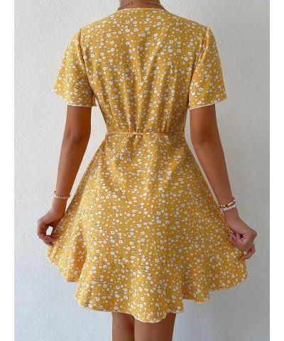 Women's Floral Print Wrap V Neck Short Sleeve Tie Side Ruffle A Line Summer Short Dress Yellow $9.53 Dresses