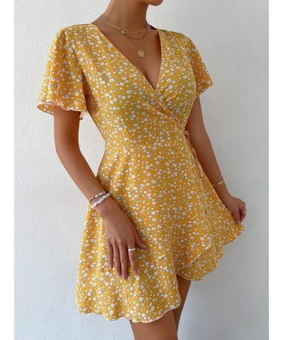 Women's Floral Print Wrap V Neck Short Sleeve Tie Side Ruffle A Line Summer Short Dress Yellow $9.53 Dresses