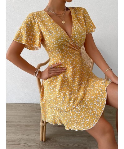 Women's Floral Print Wrap V Neck Short Sleeve Tie Side Ruffle A Line Summer Short Dress Yellow $9.53 Dresses