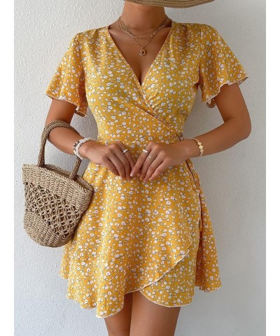 Women's Floral Print Wrap V Neck Short Sleeve Tie Side Ruffle A Line Summer Short Dress Yellow $9.53 Dresses