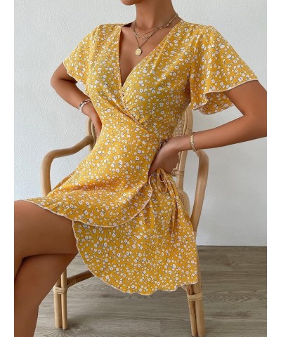 Women's Floral Print Wrap V Neck Short Sleeve Tie Side Ruffle A Line Summer Short Dress Yellow $9.53 Dresses