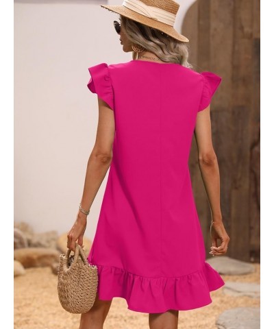 Women's Solid V Neck Ruffle Trim Cap Sleeve Summer Tunic Dress Hot Pink Solid $16.34 Dresses