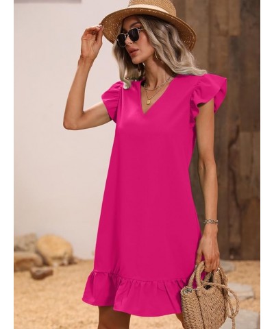 Women's Solid V Neck Ruffle Trim Cap Sleeve Summer Tunic Dress Hot Pink Solid $16.34 Dresses