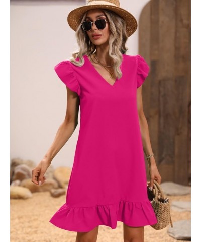 Women's Solid V Neck Ruffle Trim Cap Sleeve Summer Tunic Dress Hot Pink Solid $16.34 Dresses