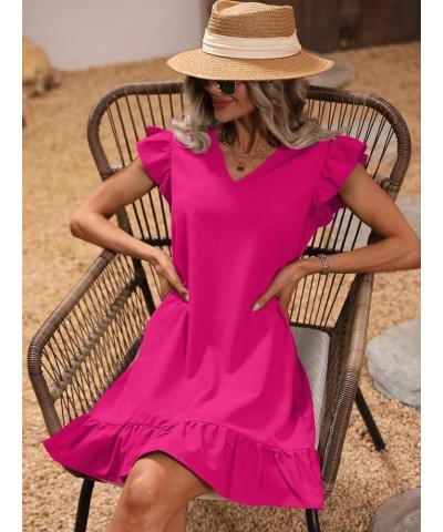 Women's Solid V Neck Ruffle Trim Cap Sleeve Summer Tunic Dress Hot Pink Solid $16.34 Dresses