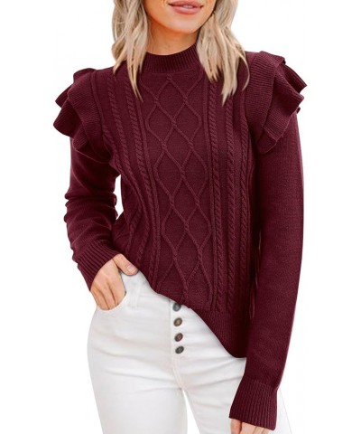 Women's 2024 Fall Winter Fashion Ruffle Long Sleeve Chunky Cable Knit Sweater Casual Crew Neck Ribbed Pullover Wine Red $21.6...