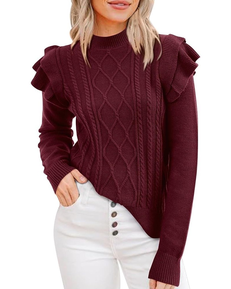 Women's 2024 Fall Winter Fashion Ruffle Long Sleeve Chunky Cable Knit Sweater Casual Crew Neck Ribbed Pullover Wine Red $21.6...