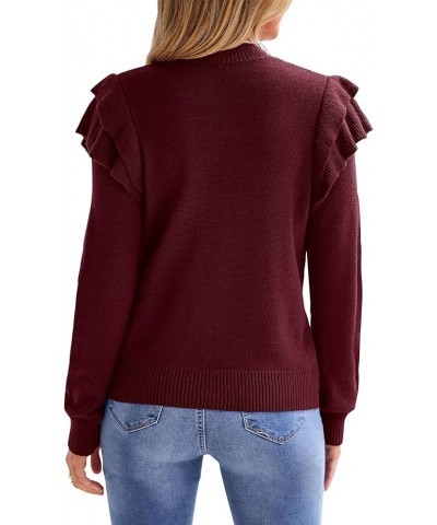 Women's 2024 Fall Winter Fashion Ruffle Long Sleeve Chunky Cable Knit Sweater Casual Crew Neck Ribbed Pullover Wine Red $21.6...