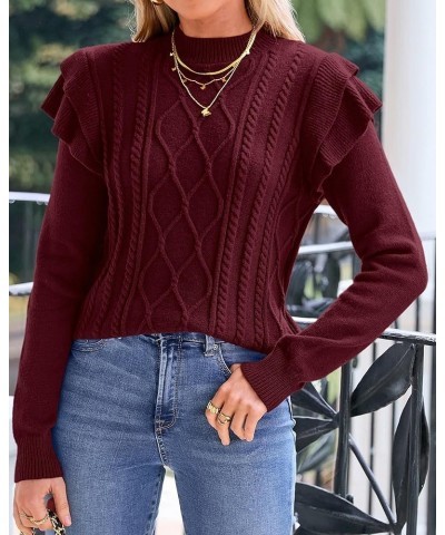 Women's 2024 Fall Winter Fashion Ruffle Long Sleeve Chunky Cable Knit Sweater Casual Crew Neck Ribbed Pullover Wine Red $21.6...