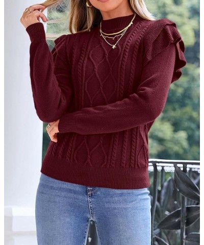 Women's 2024 Fall Winter Fashion Ruffle Long Sleeve Chunky Cable Knit Sweater Casual Crew Neck Ribbed Pullover Wine Red $21.6...