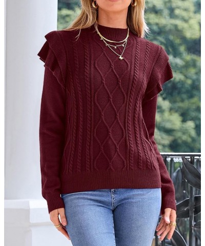 Women's 2024 Fall Winter Fashion Ruffle Long Sleeve Chunky Cable Knit Sweater Casual Crew Neck Ribbed Pullover Wine Red $21.6...