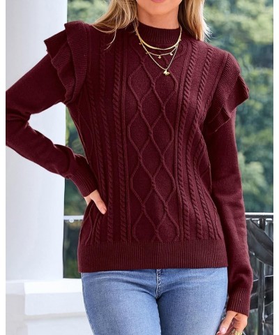 Women's 2024 Fall Winter Fashion Ruffle Long Sleeve Chunky Cable Knit Sweater Casual Crew Neck Ribbed Pullover Wine Red $21.6...