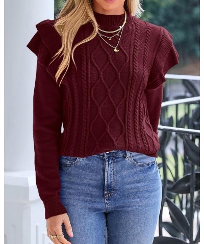 Women's 2024 Fall Winter Fashion Ruffle Long Sleeve Chunky Cable Knit Sweater Casual Crew Neck Ribbed Pullover Wine Red $21.6...