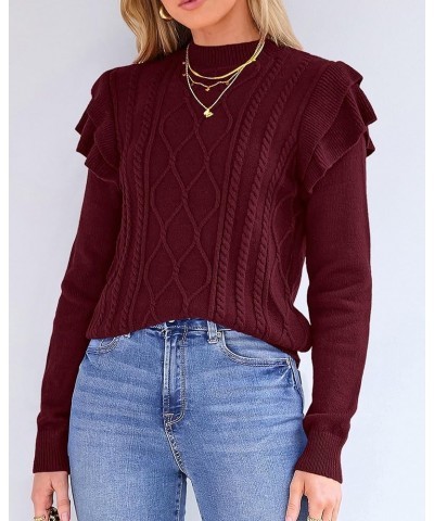 Women's 2024 Fall Winter Fashion Ruffle Long Sleeve Chunky Cable Knit Sweater Casual Crew Neck Ribbed Pullover Wine Red $21.6...