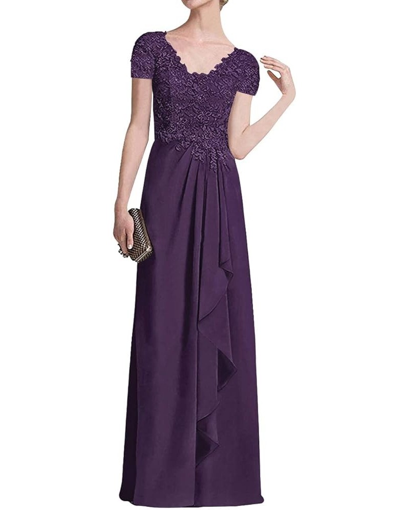 Mother of The Bride Dresses Long Evening Formal Dress Lace Applique Short Sleeve Ruffles Eggplant $36.26 Dresses