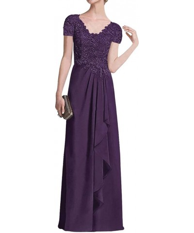 Mother of The Bride Dresses Long Evening Formal Dress Lace Applique Short Sleeve Ruffles Eggplant $36.26 Dresses