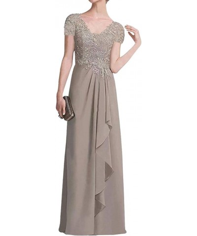 Mother of The Bride Dresses Long Evening Formal Dress Lace Applique Short Sleeve Ruffles Eggplant $36.26 Dresses