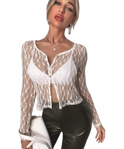 Women's Button Up Sheer Lace Top Long Sleeve Scoop Neck Blouse Shirt White $13.99 Blouses