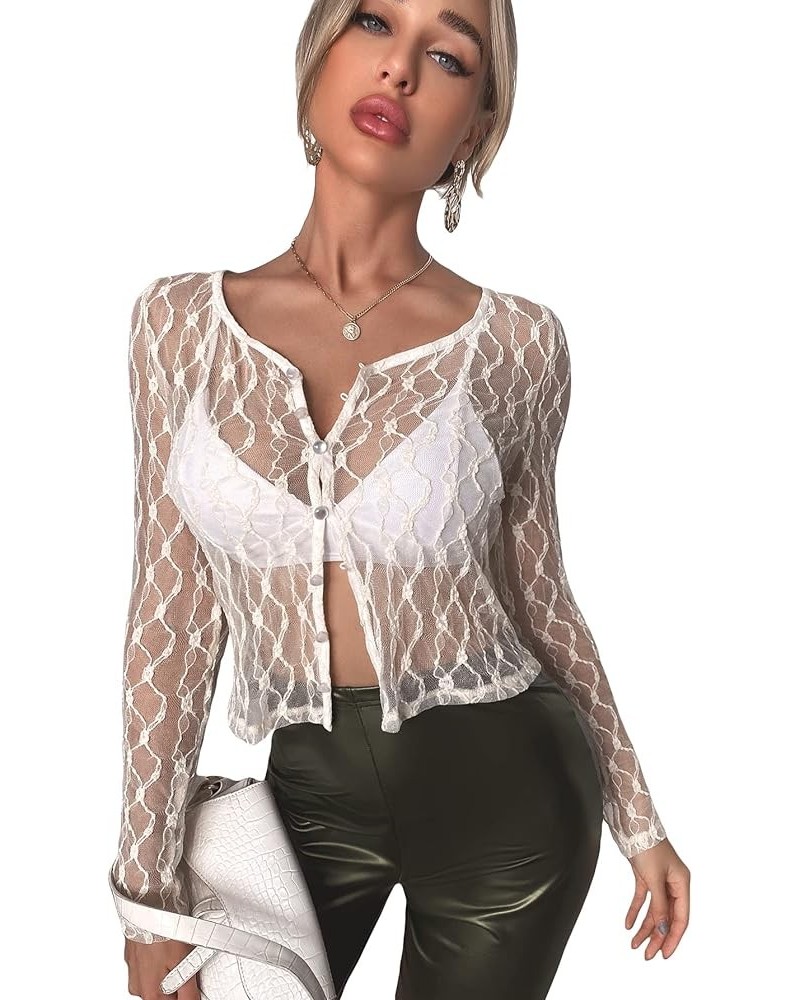 Women's Button Up Sheer Lace Top Long Sleeve Scoop Neck Blouse Shirt White $13.99 Blouses