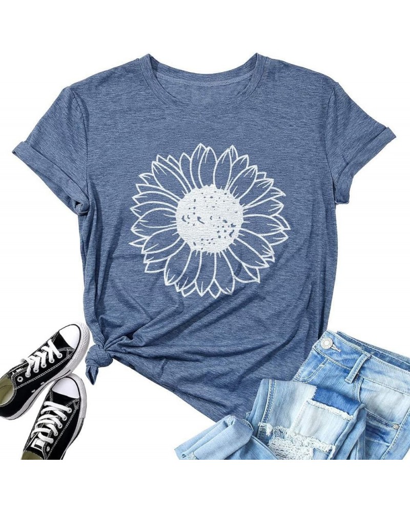 Women's Summer Tops Sunflower T Shirts for Women Cute Graphic Loose Tees Crew Neck Short Sleeve Casual Tops Light Blue(sunflo...