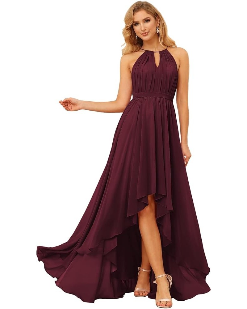 Women's Halter Bridesmaid Dresses Long with Pockets High-Low Pleats Formal Dress for Wedding YZTS104 Burgundy $29.14 Dresses