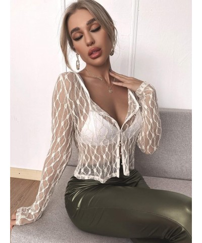 Women's Button Up Sheer Lace Top Long Sleeve Scoop Neck Blouse Shirt White $13.99 Blouses