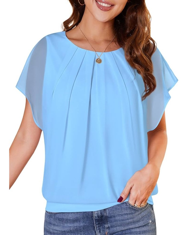 Women's Casual Flouncing Short Sleeve Pleated Front Loose Chiffon Blouse Top Light Blue $10.00 Blouses