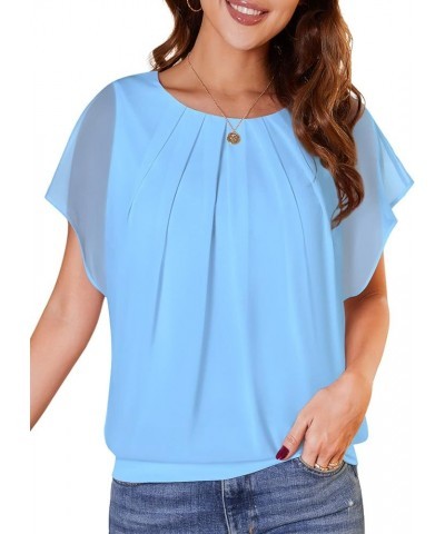 Women's Casual Flouncing Short Sleeve Pleated Front Loose Chiffon Blouse Top Light Blue $10.00 Blouses