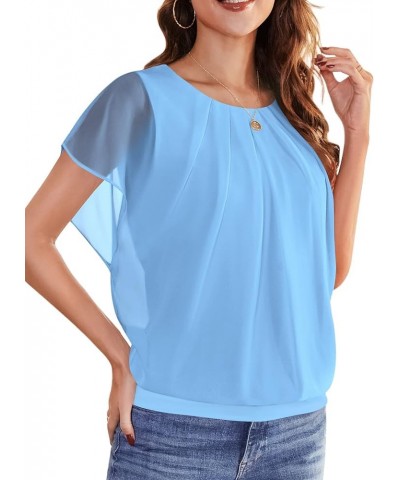 Women's Casual Flouncing Short Sleeve Pleated Front Loose Chiffon Blouse Top Light Blue $10.00 Blouses