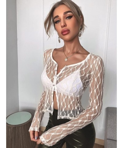 Women's Button Up Sheer Lace Top Long Sleeve Scoop Neck Blouse Shirt White $13.99 Blouses