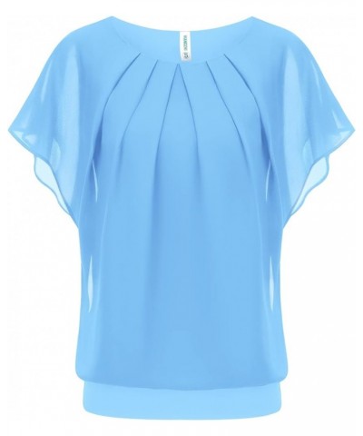 Women's Casual Flouncing Short Sleeve Pleated Front Loose Chiffon Blouse Top Light Blue $10.00 Blouses